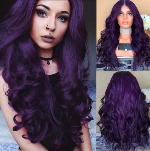 Perucas sintéticas senhora onda do corpo calor ristant cabelo roxo peruca dianteira do laço parte média Gluel perucas sintéticas para preto feminino fzp136