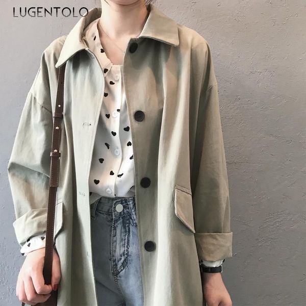 

lugentolo women trench coat korean loose slim long sleeve autumn new tooling pocket single-breasted fashion trench, Tan;black