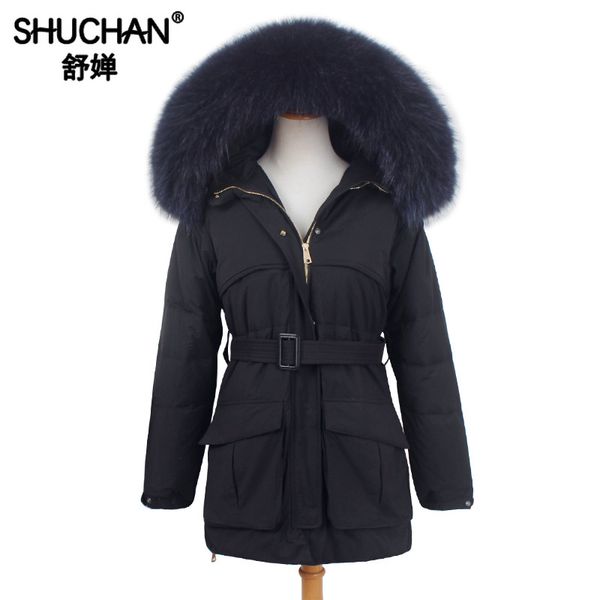 

shuchan 2019 winter womens down coat with real fur real raccoon fur collar 90% white duck down thick women's demi-season jacket, Black