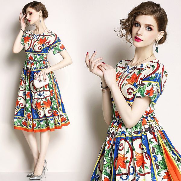 

new womens elegant baroque floral print crew neck aline pleated dress office ladies slim empire waist party dresses, Black;gray