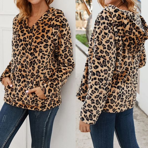 

ropa mujer bluza damska hoodies women's winter casual plush oversized hoodie coat leopard pocket sweatshirt women moletom, Black