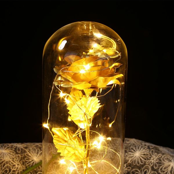 

gold foil rose with led in glass dome cover on wooden base for valentine's day mother's day anniversary wedding