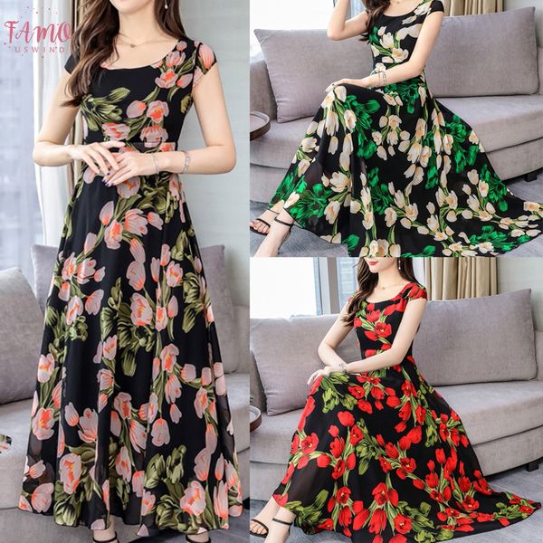 

2020 women fashion dress summer elegant o neck dress short sleeved loose flower print dress plus size, Black;gray