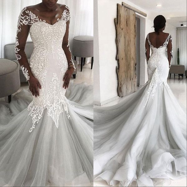 

african lace illusion back mermaid wedding dress 2020 princess muslim long tail wedding gowns with sleeves, White