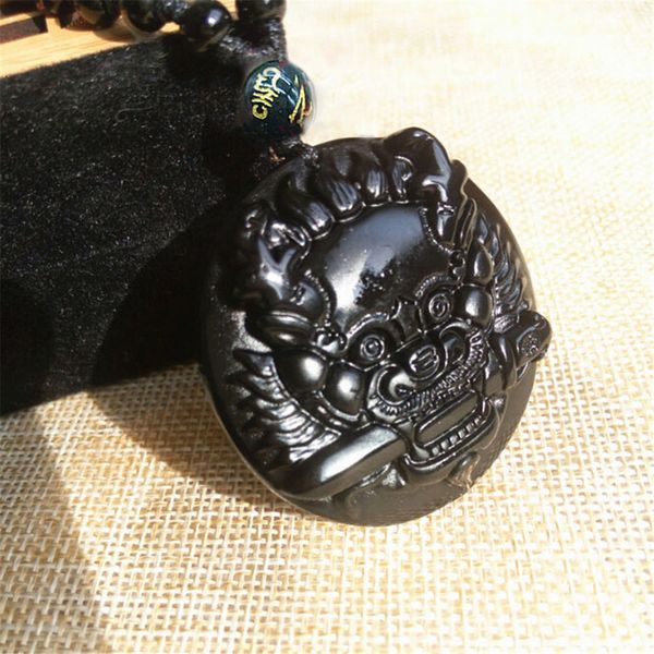 

fashion- natural black obsidian stone shi gandang pendant sevil guard house men's dragon head pendants necklace wholesale, Silver