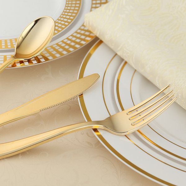 

золото пластиковые ножи одноразовая посуда, heavy duty flatware, пластиковые silverware набор для кейтеринга мероприятий, вечеринок, свадеб