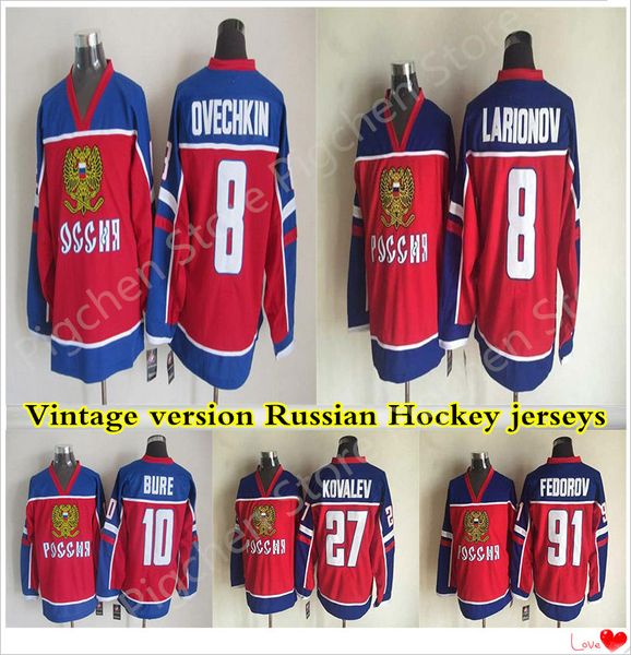 

russia vintage version jersey 8 ovechkin 8 larionov 91 fedorov 10 bure 27 kovalevccm hockey jerseys, Black;red