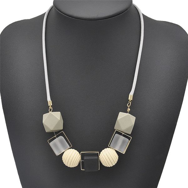 

retro colorized wood beads choker necklace multicolor pendant necklace female geometric hyperbole torques women wooden jewelry, Silver