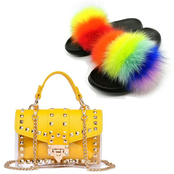 

women summer fur slides fashion studded jelly bag sweet real fur slippers messenger bag shoe set party luxury slippers, Black