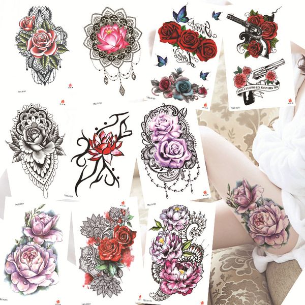 

1 pc fashion female girl temporary tattoo sticker black rose design flower arm body art chest disposable tattoo sticker
