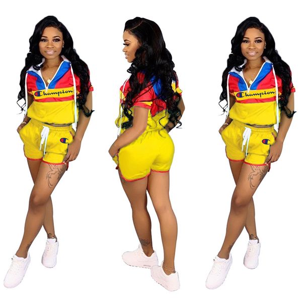 

Women champion letter print patchwork track uit color match hooded zipper crop jacket draw tring hort hoodie 2pc et port uit a436