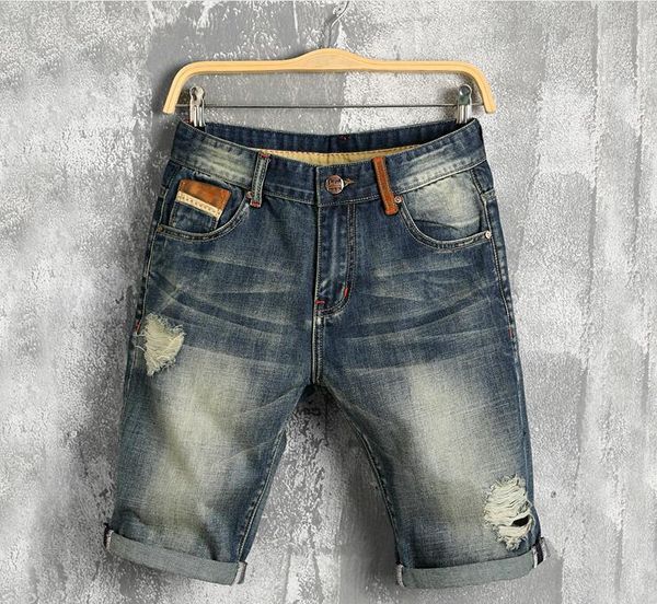 

Vintage Mens Denim Shorts Fashion Scraatched Knee Length Jeans for Summer Street Style Slim Holes Jeans