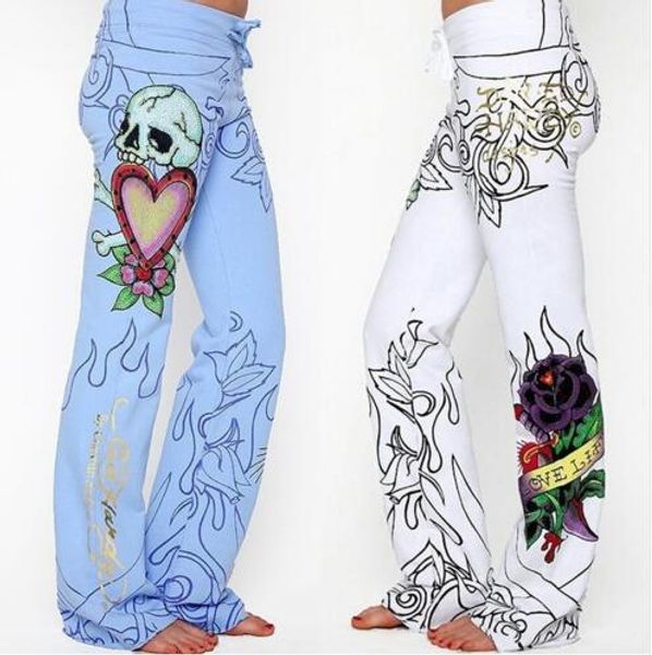 

длинные брюки хиппи широкая нога boho синий белый брюки цветок мода женщины мешковатые череп роза высокой талией брюки, Black;white