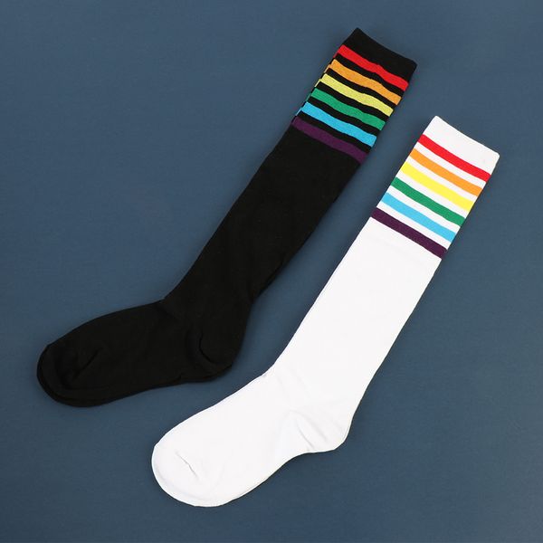 

new fashion stockings 1 pairs thigh high stockings over knee rainbow striped printed girls black white