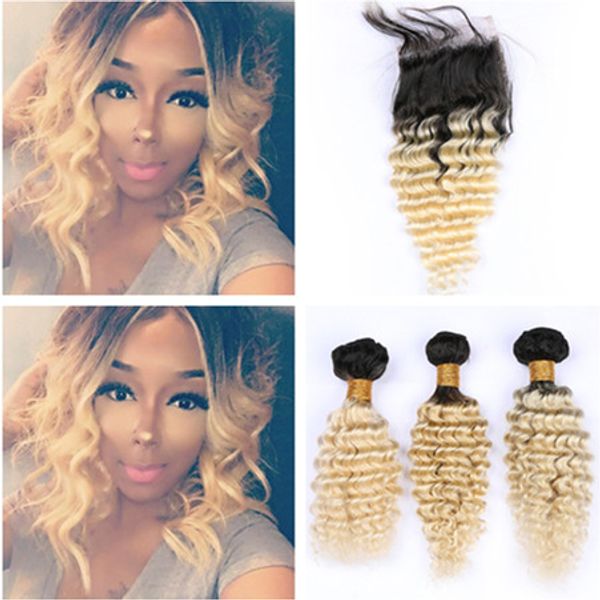 Peruvian Virgin Human Hair Deep Wave Blonde Ombre Weaves With