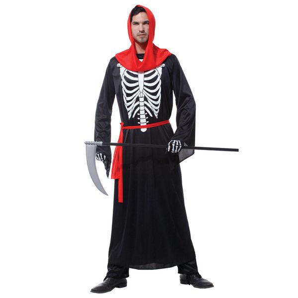 

mens scary skeleton death robe grim reaper costumes halloween purim party carnival masquerade cosplay outfit, Black;red
