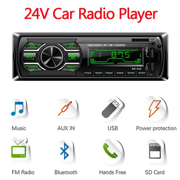 

rk-535 upgrade 1 din car radio 24v auto audio fm mp3 player bluetooth two usb charger sd aux swc remote for truck and bus