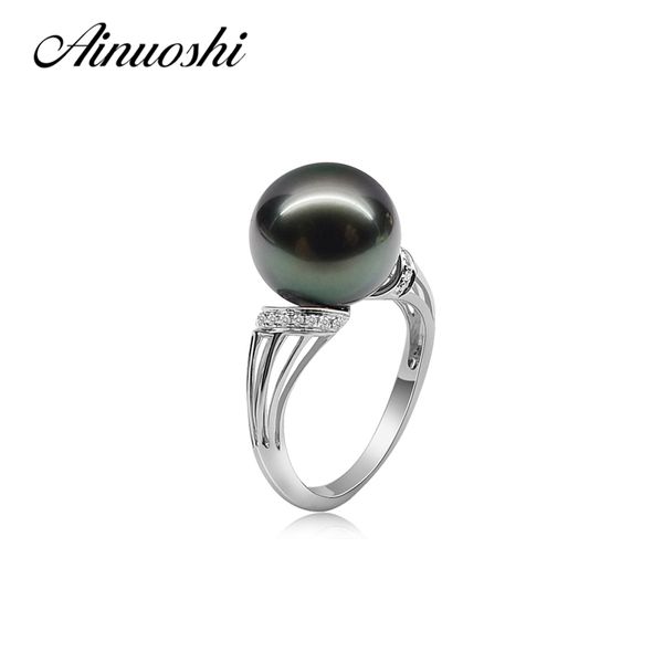 

ainuoshi luxury 11-11.5mm природный tahiti black pearl круглых жемчужные кольца 925 стерлингового серебра anniversary женщин колец обручальн, Slivery;golden