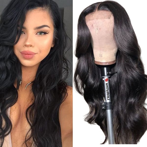 

4 * 4 шнурка закрытие парики с ребенком волос бразильское объемная волна шнурка человеческих волос парики для женщин remy волос low ratio 13, Black