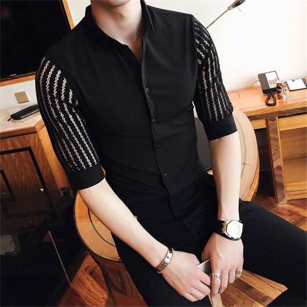 

solid color lace sleeve lapel neck homme clothing slim fit tshirt luxury mens dress shirts fashion designer, White;black