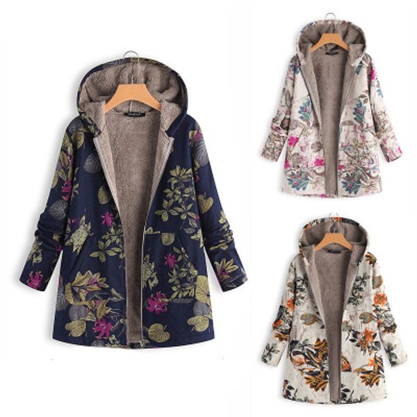 

women winter warm floral hooded jacket flower print hoody vintage oversize coats winter padded jacket women ypf485, Black