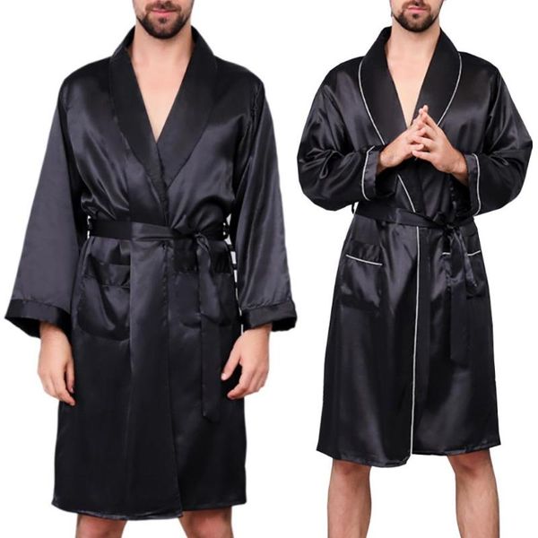 

men summer imitation silk with pockets waist belt bath robe home gown sleepwear, Black;brown