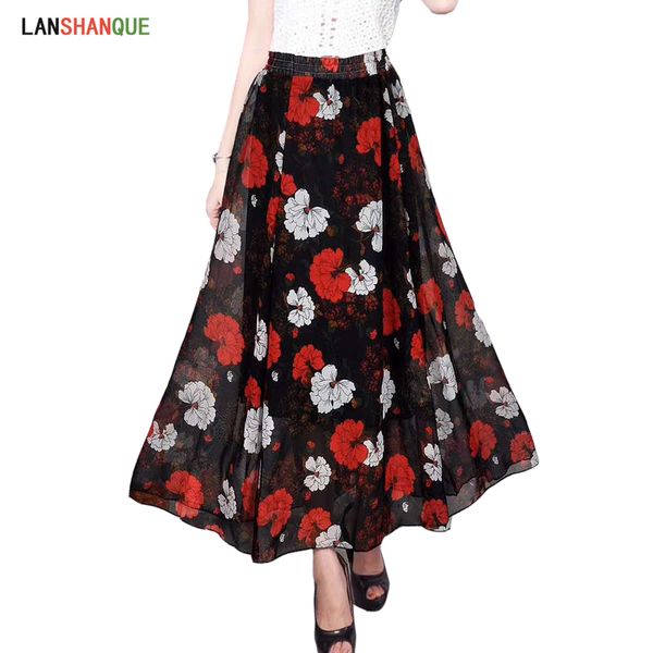 

lanshanque floral printed party skirt beach style boho long skirts casual loose women summer a line chiffon midi skirt, Black