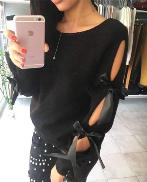 

sweater pullover loose knitwear new brand fashion women`s bow hollow out long sleeve, White;black