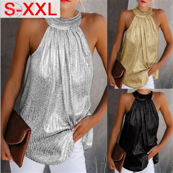 

womens fashion shiny halter neck tank ladies summer casual solid color sleeveless t shirt black polyester gold silver, White