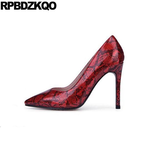 

pointed toe ultra super red stiletto pumps big size thin shoes 11 43 women snakeskin patent leather 8cm high heels 12 44, Black