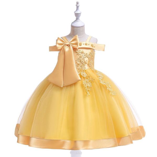 

2020 new boat neck spaghetti straps dress princess dress flower children's piano costume bow applique beads for girl, Red;yellow