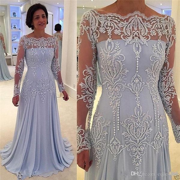 2020 neue Vintage Illusion Langarm Mutter der Braut Kleider Bateau Spitze Chiffon Frauen Abend formelle Kleidung Plus Größe Party Gust Kleid