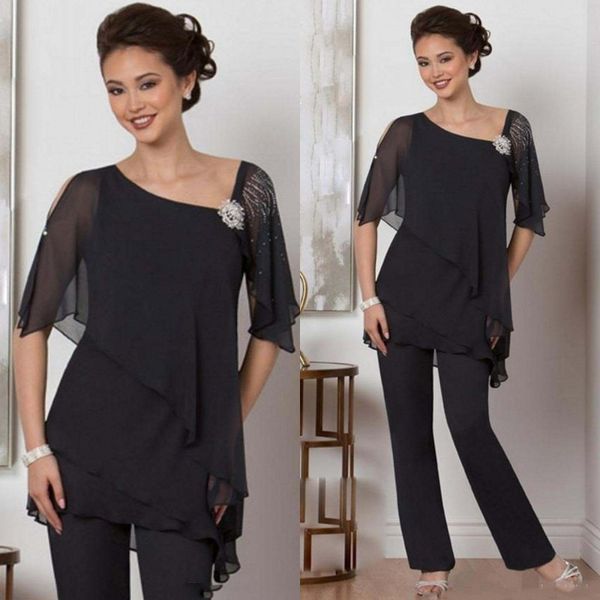 

plus size black two piece mother of the bride pants suit for weddings beads chiffon mother's groom pantsuits long sleeve wedding guest, Black;red