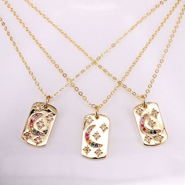

6pcs, gold filled jewelry gifts colorful zirconia fashion cz micro pave rectangle engraved star and moon pendant necklaces, Silver