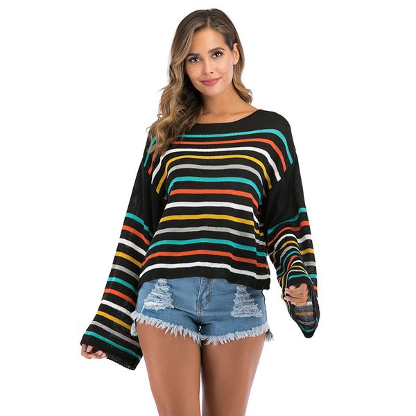 

women 2019 jumpers knitted clothes casual fashion long sleeve pullover autumn winter striped color matching o neck sweaters, White;black