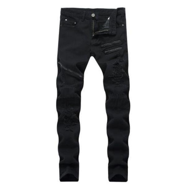 

high-elastic mens jeans card slim zipper black casual locomotive riding jeans high street designer fashion jeans, Blue