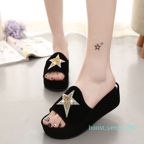 

new summer women slippers rhinestone flash women shoes bohemian non-slip wedges toe flip slippers sapato feminino b70, Black