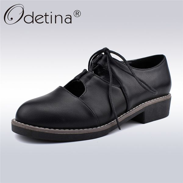 

odetina new fashion women platform shoes cuts out lace up flat shoes autumn loafers round toe casual flats big size 35-43, Black