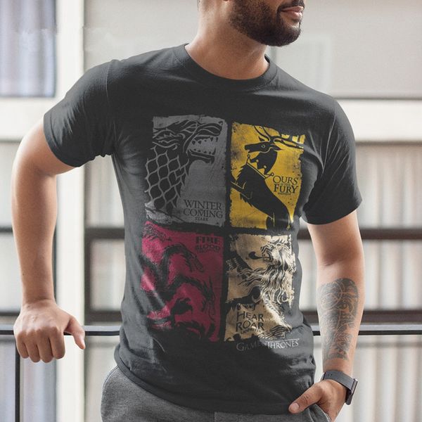

vintage tees men t shirt tv series house stark targaryen game t-shirt lannister men family new plus size s-6xl, White;black