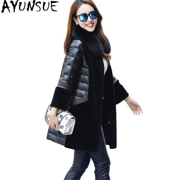 

ayunsue 2019 winter genuine leather down jacket women natural fur collar warm real wool coat female plus size 5xl 1603_3, Black