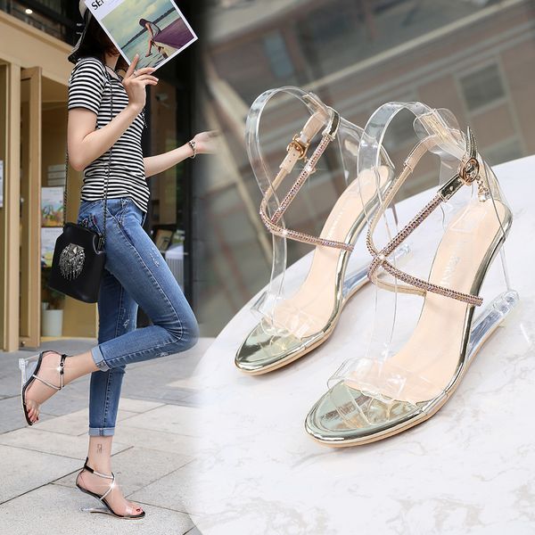 

women summer transparent high heels pvc slippers slope heel cross with sandals open toe wedge shoes t200618, Black
