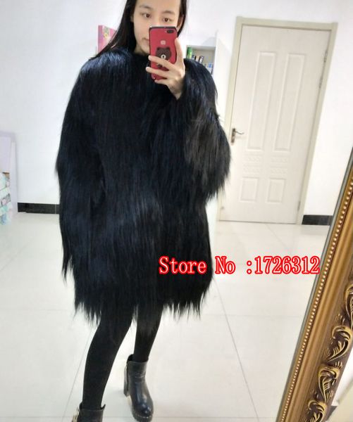 

new disign 2019 women real goat wool fur coat long hair overcoat winter outerwear female fur jacket, Black