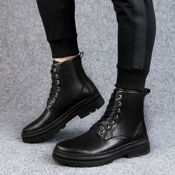 

dropshipping genuine leather men winter snow boots lace up warm fur motocycle ankle boots handmade men winter shoes, Black
