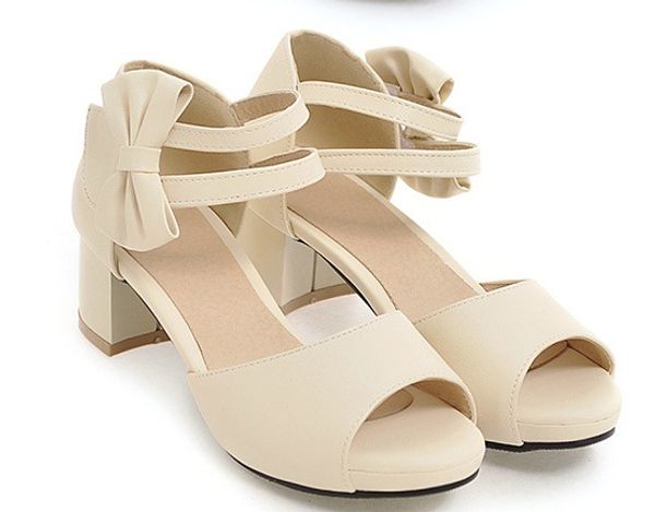 

ladies sweet cute bow sandals med heel open toe shoes summer thick heels trap pumps candy colors solid plus size, Black