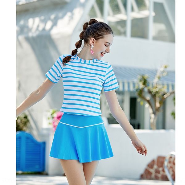 

2019 sunshine girl children's striped navy style boxer pants conservative big swimsuit children's split swimsuit, White;black