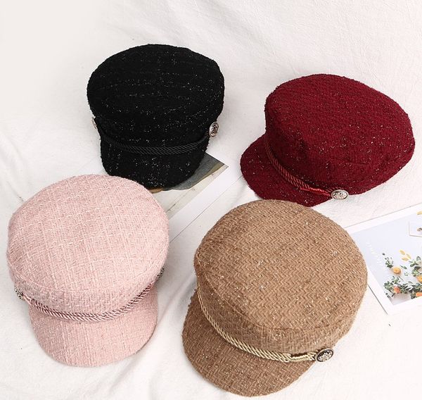 

new style chic bright silk flat navy hat female autumn winter thin british octagonal hat with beret, Blue;gray