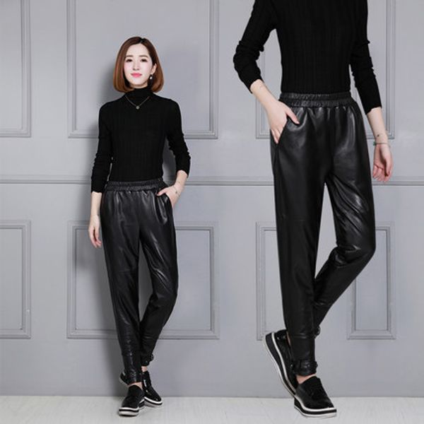 

2019 women high waist slim sheepskin print pants p17, Black;white