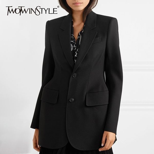 

twotwinstyle solid blazer for women notched collar long sleeve single breasted slim coat female fashion elegant summer 2019, White;black