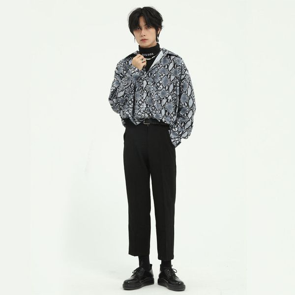 

men snakeskin pattern casual loose long sleeve shirt male women vintage fashion japan korea style streetwear shirt couple, White;black