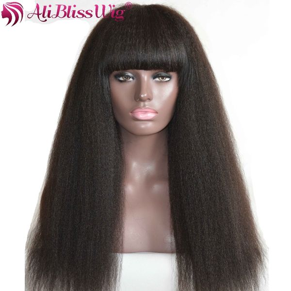 

aliblisswig kinky straight human hair wigs with bangs #1b 130 density color brazilian remy hair whorl 15 days to process, Black